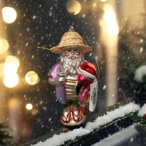 Macy's Holiday Lane Florida Santa Glass Ornament Flamingo Straw Hat TN23002384